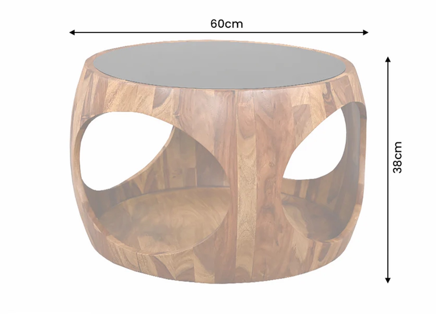 Dimensions de la table basse ronde Orlina 60 cm en sheesham et verre noir