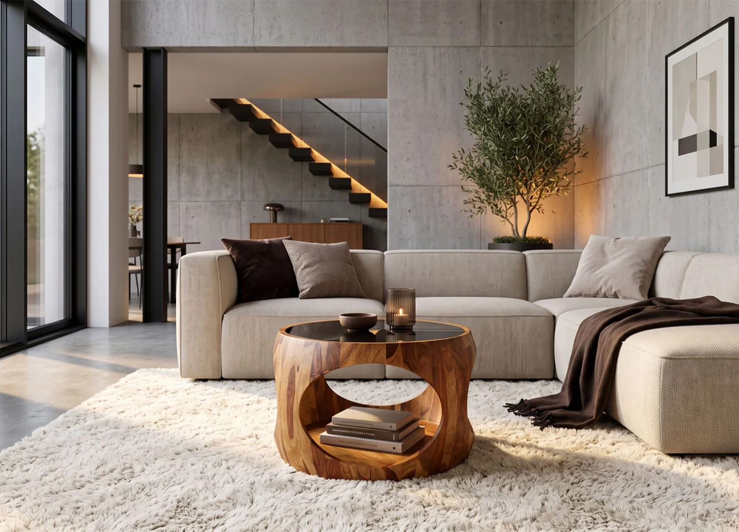 Table basse ronde Orlina 60 cm en sheesham dans un salon contemporain