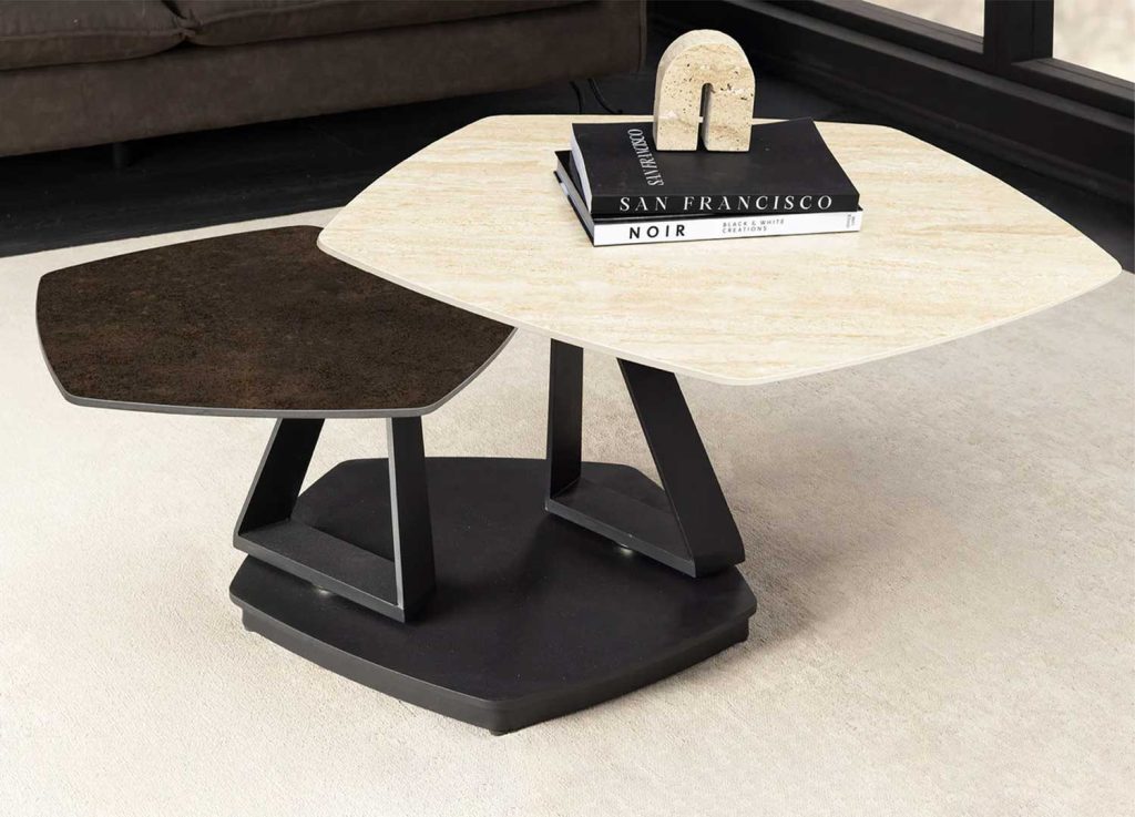 Table basse plateaux rotatifs aspect travertin Kaelis