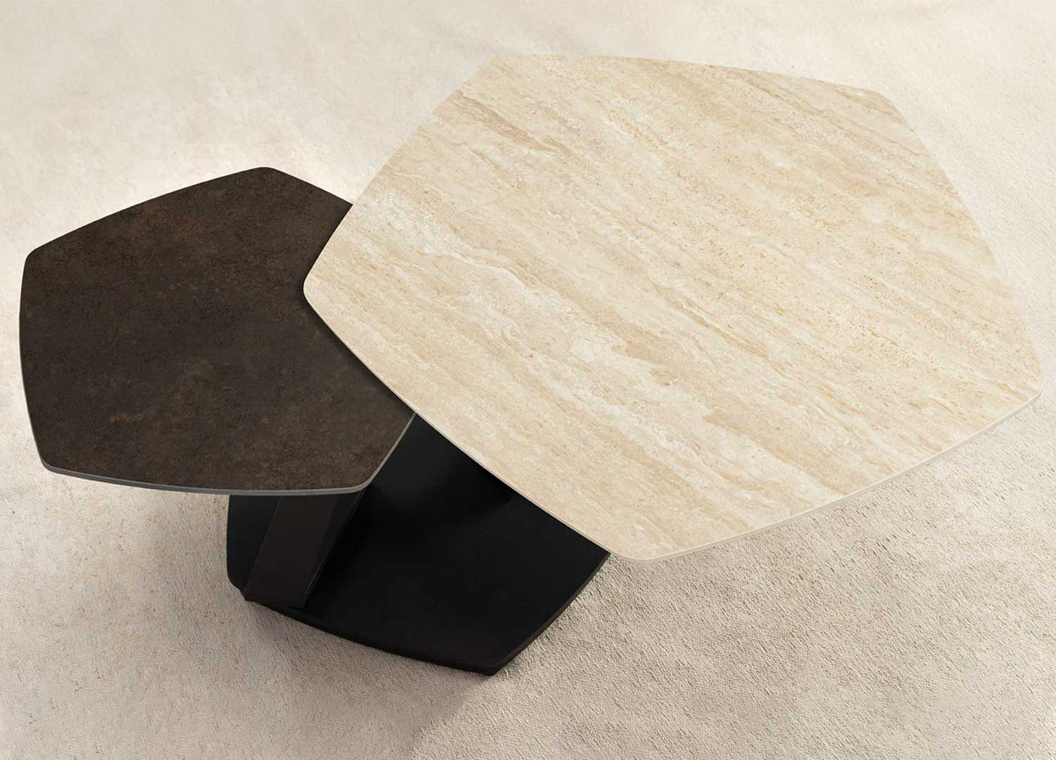 Table basse plateaux rotatifs aspect travertin Kaelis