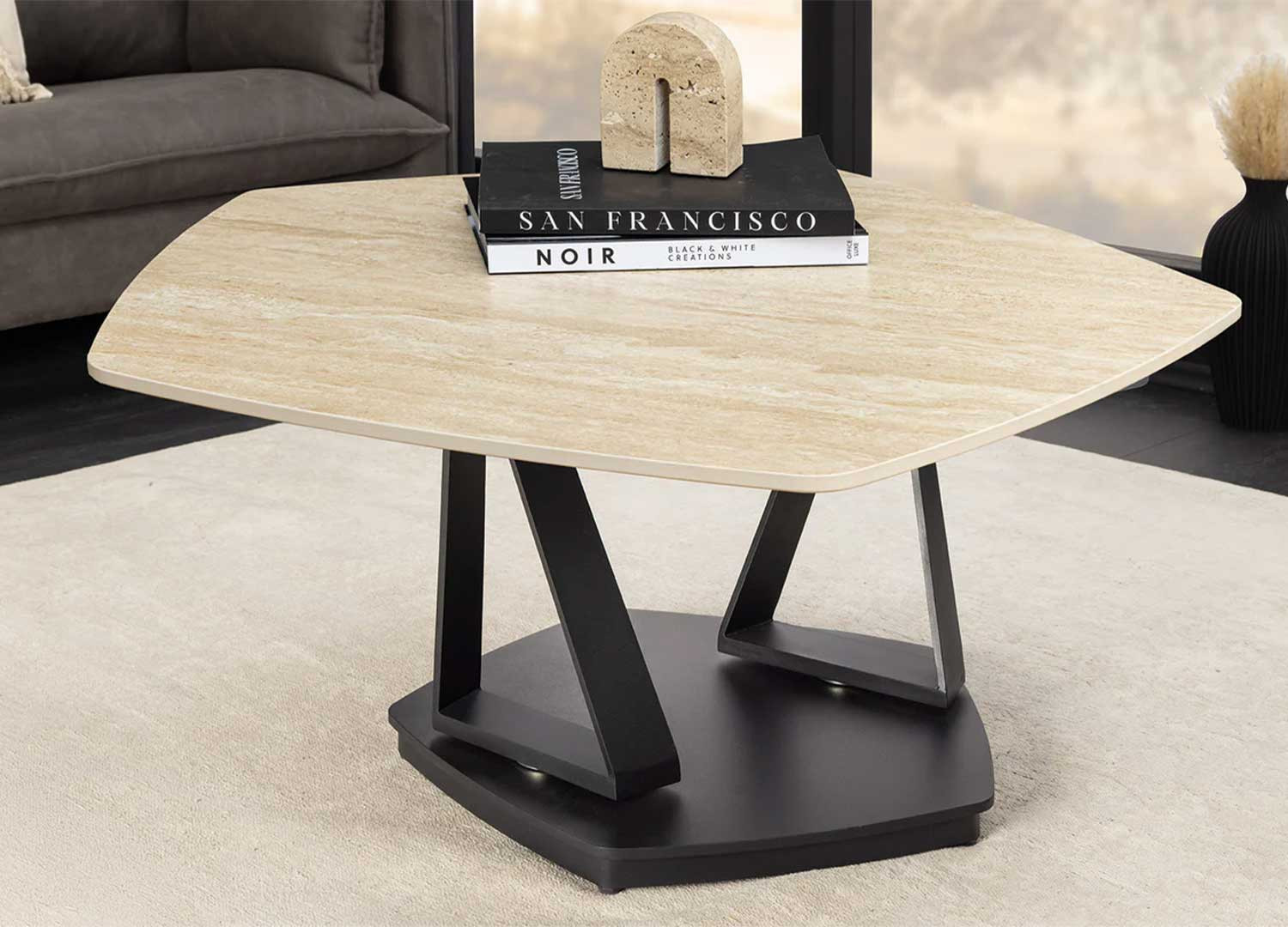 Table basse plateaux rotatifs aspect travertin Kaelis