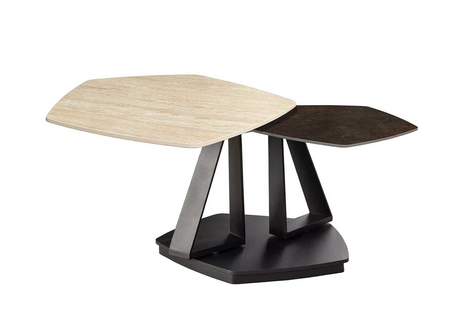 Table basse plateaux rotatifs aspect travertin Kaelis