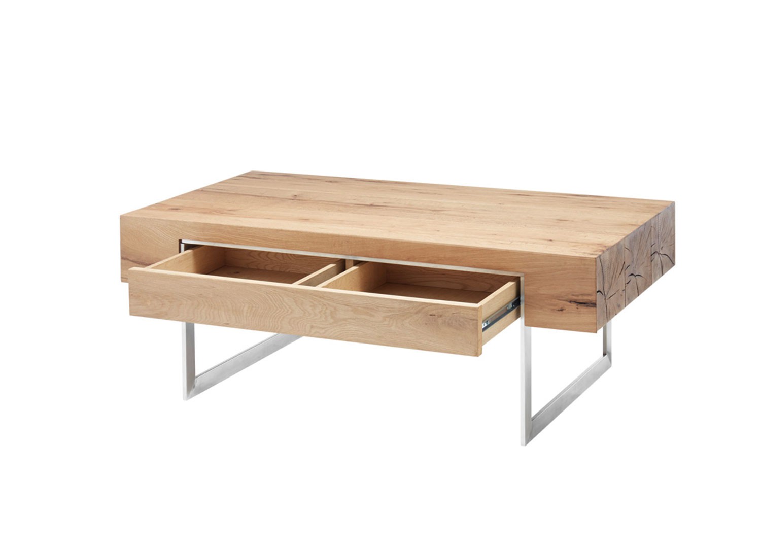 Table basse rectangulaire 1 tiroir à double compartiment pied en acier brossé