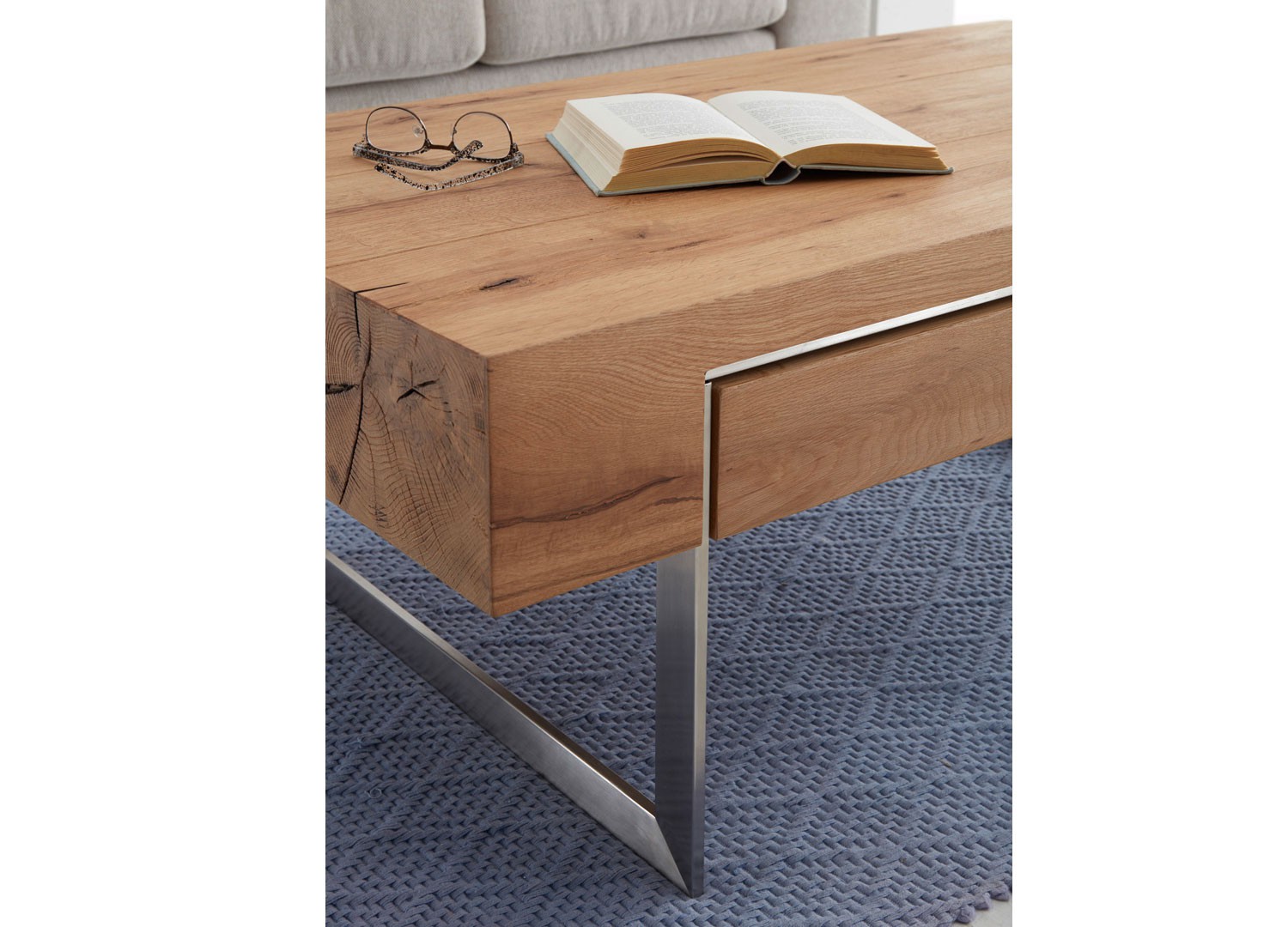 Table basse rectangulaire 1 tiroir à double compartiment pied en acier brossé