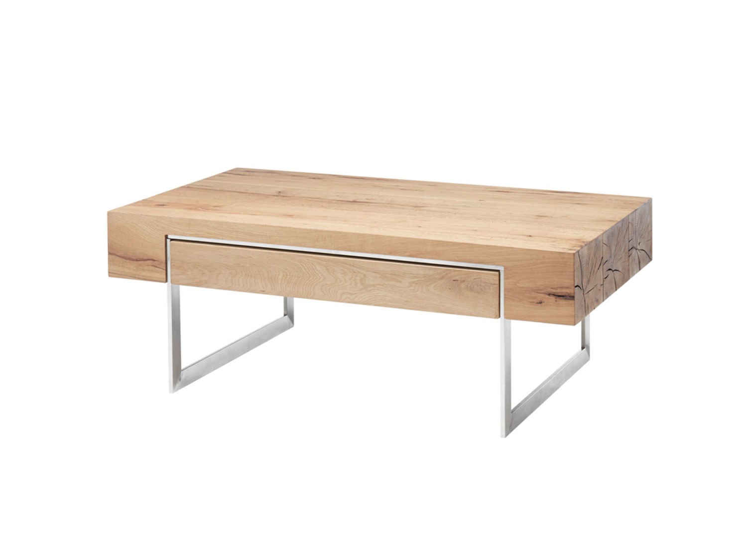 Table basse rectangulaire 1 tiroir à double compartiment pied en acier brossé