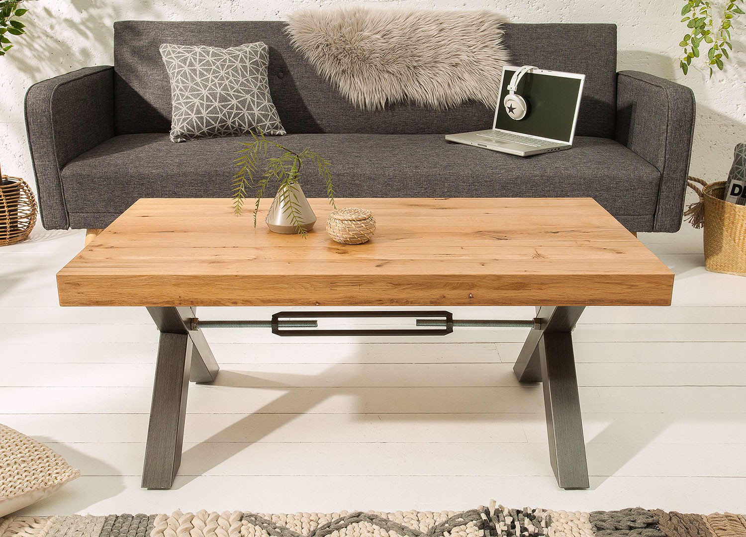 Table basse rectangulaire 110 cm chêne sauvage huilé et métal anthracite