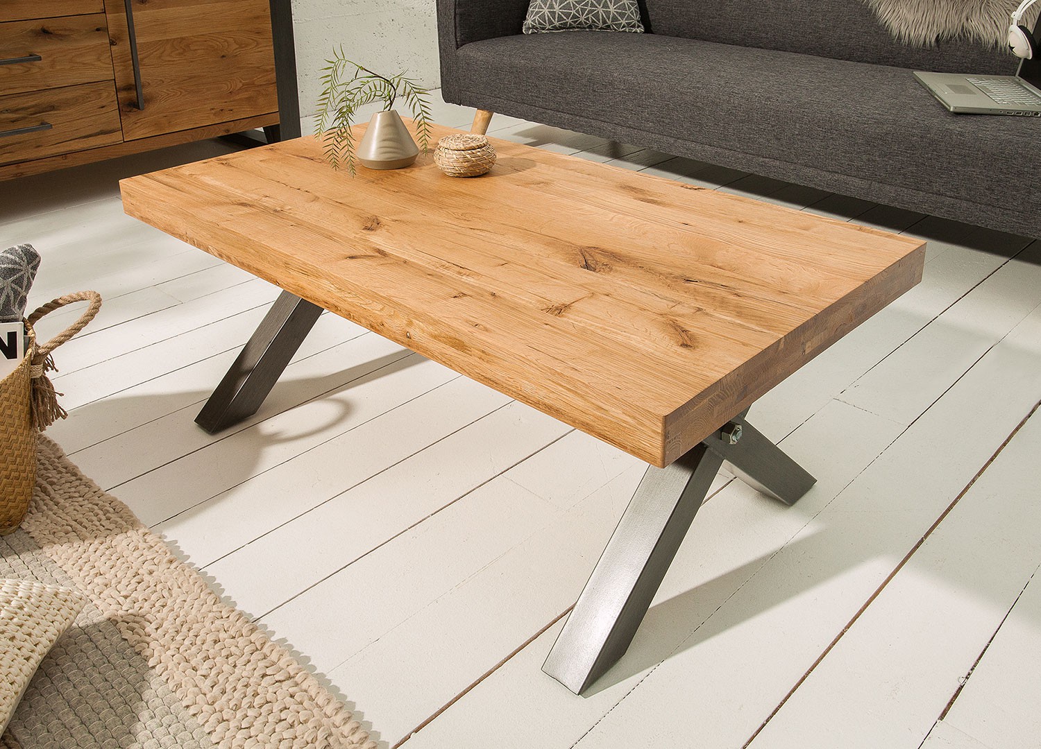 Table basse rectangulaire 110 cm chêne sauvage huilé et métal anthracite