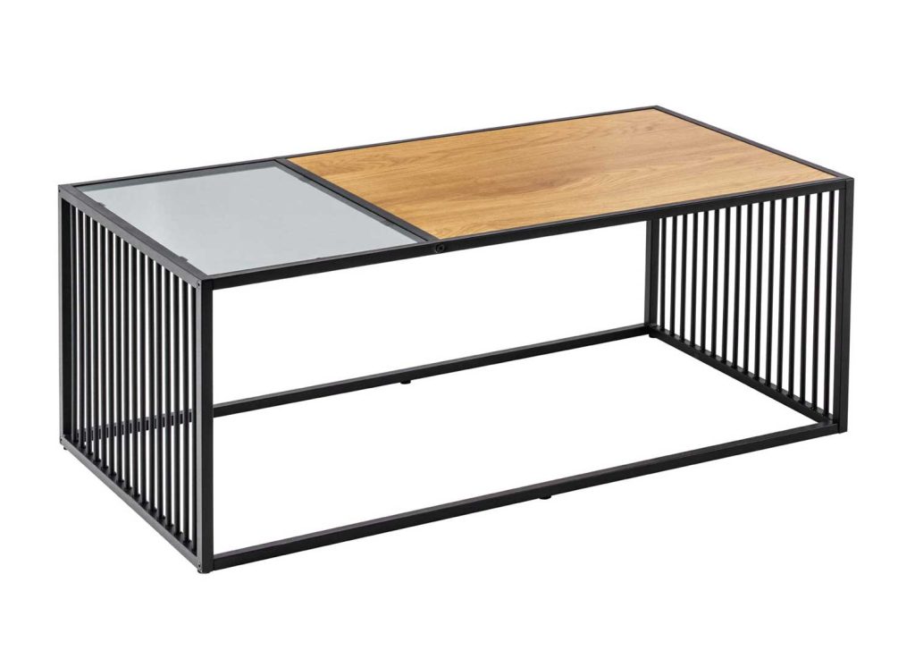 Table basse rectangulaire bois et verre fumé avec pieds en métal ajouré