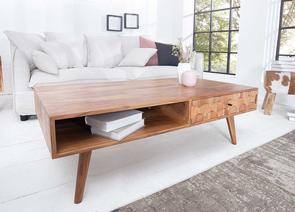 Table basse rectangulaire effet mosaïque en bois d'acacia