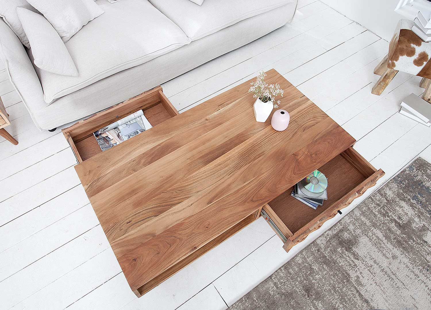 Table basse rectangulaire effet mosaïque en bois d'acacia