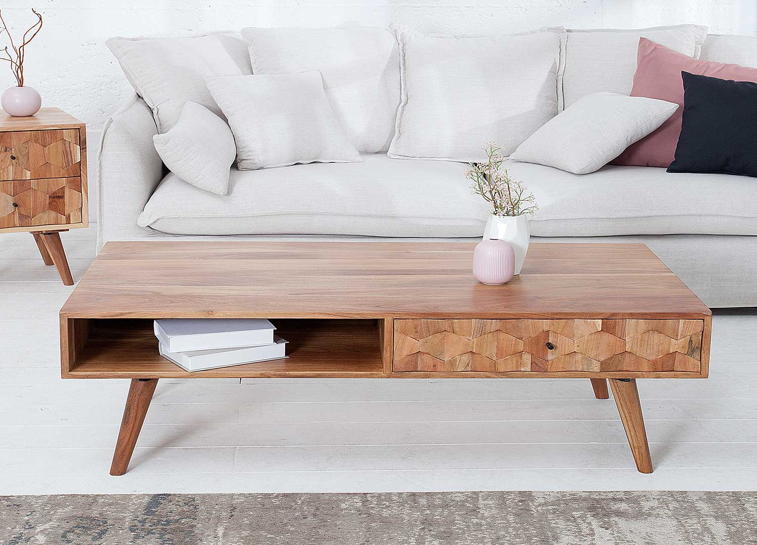 Table basse rectangulaire effet mosaïque en bois d'acacia