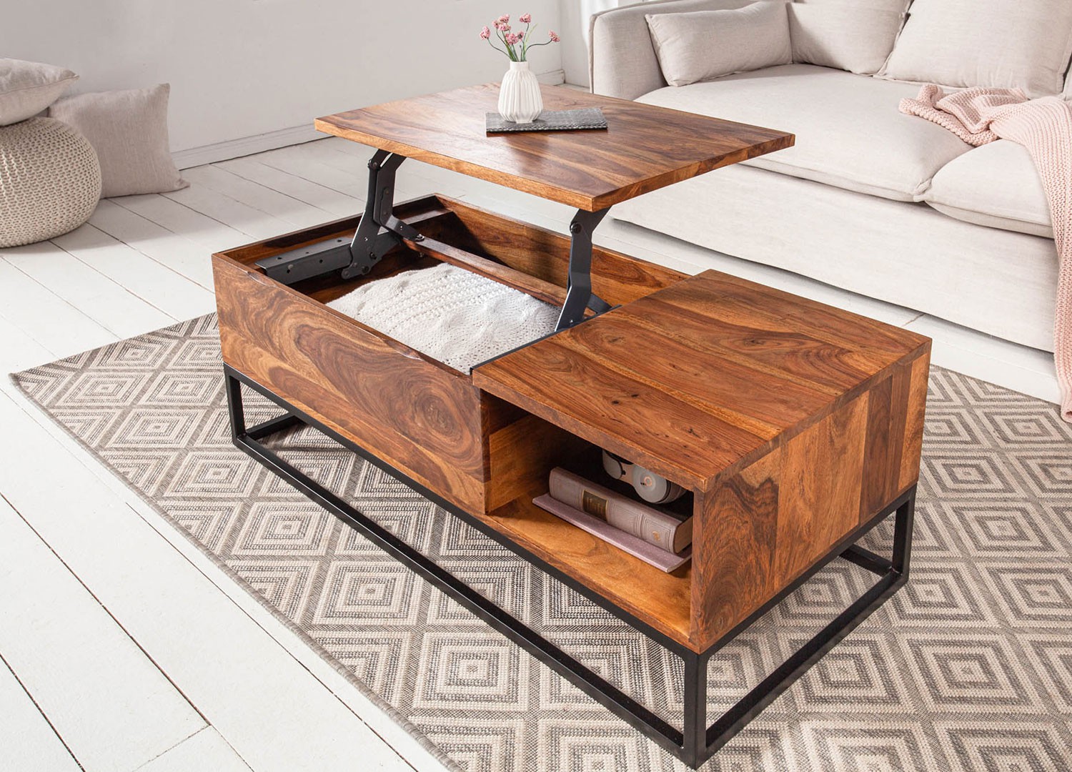 Table basse rectangulaire en bois avec plateau relevable