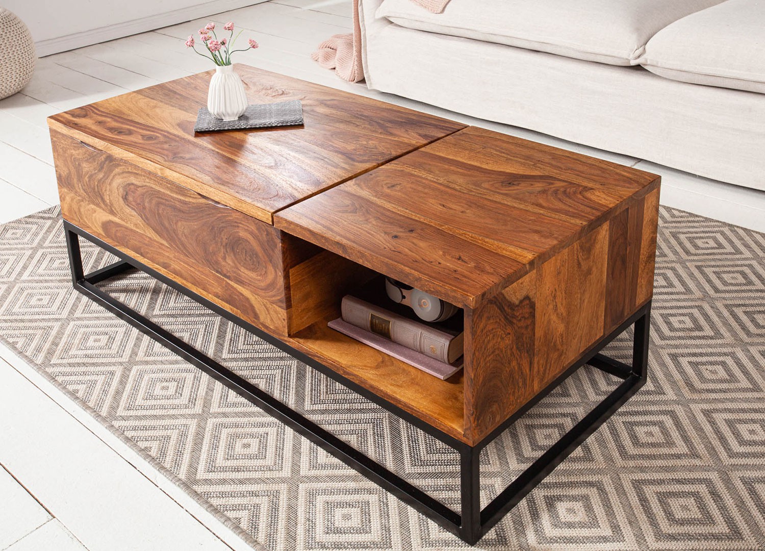 Table basse rectangulaire en bois avec plateau relevable