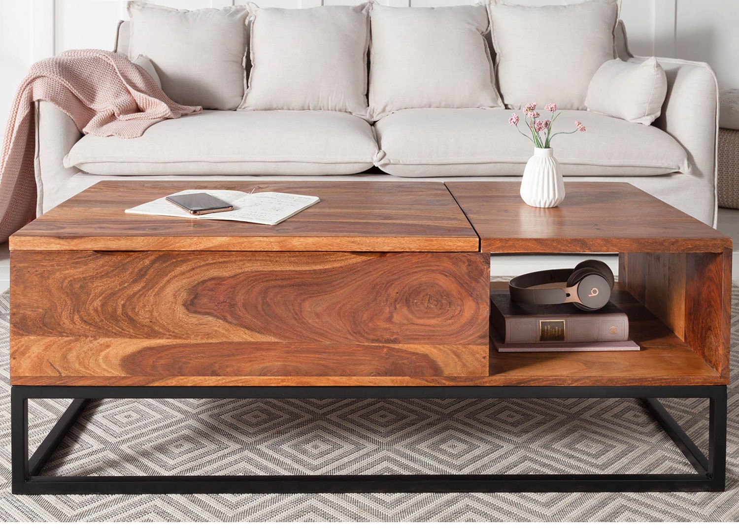 Table basse rectangulaire en bois avec plateau relevable