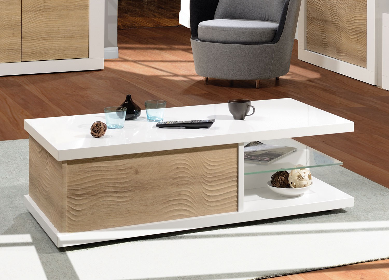 Table basse rectangulaire rangement bois et blanc laqué