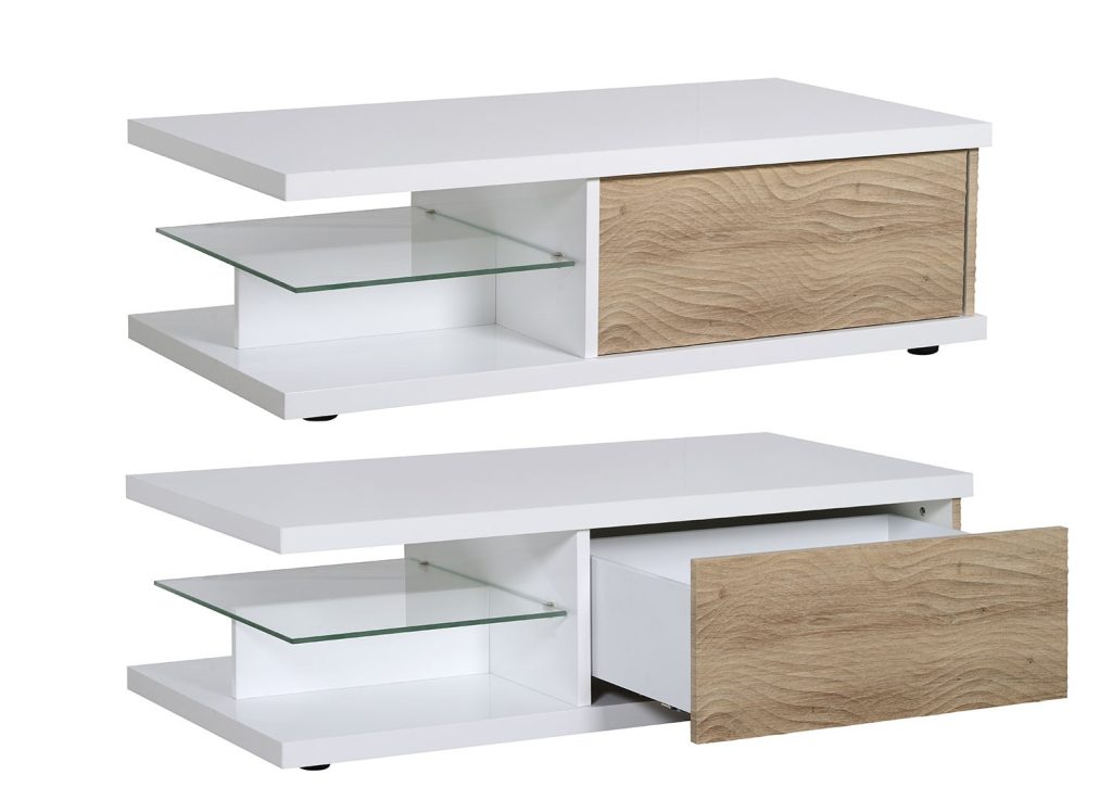 Table basse rectangulaire rangement bois et blanc laqué
