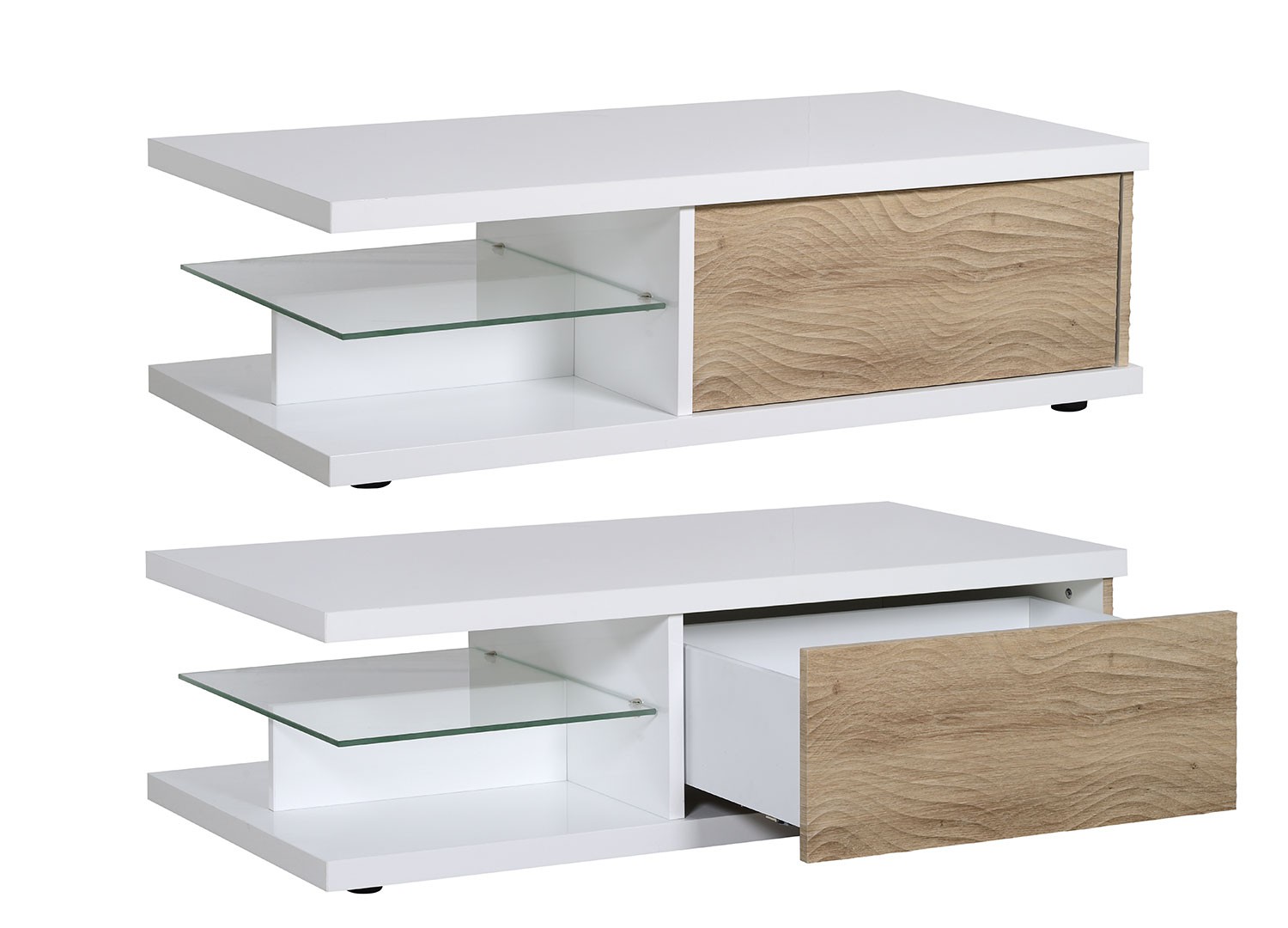 Table basse rectangulaire rangement bois et blanc laqué