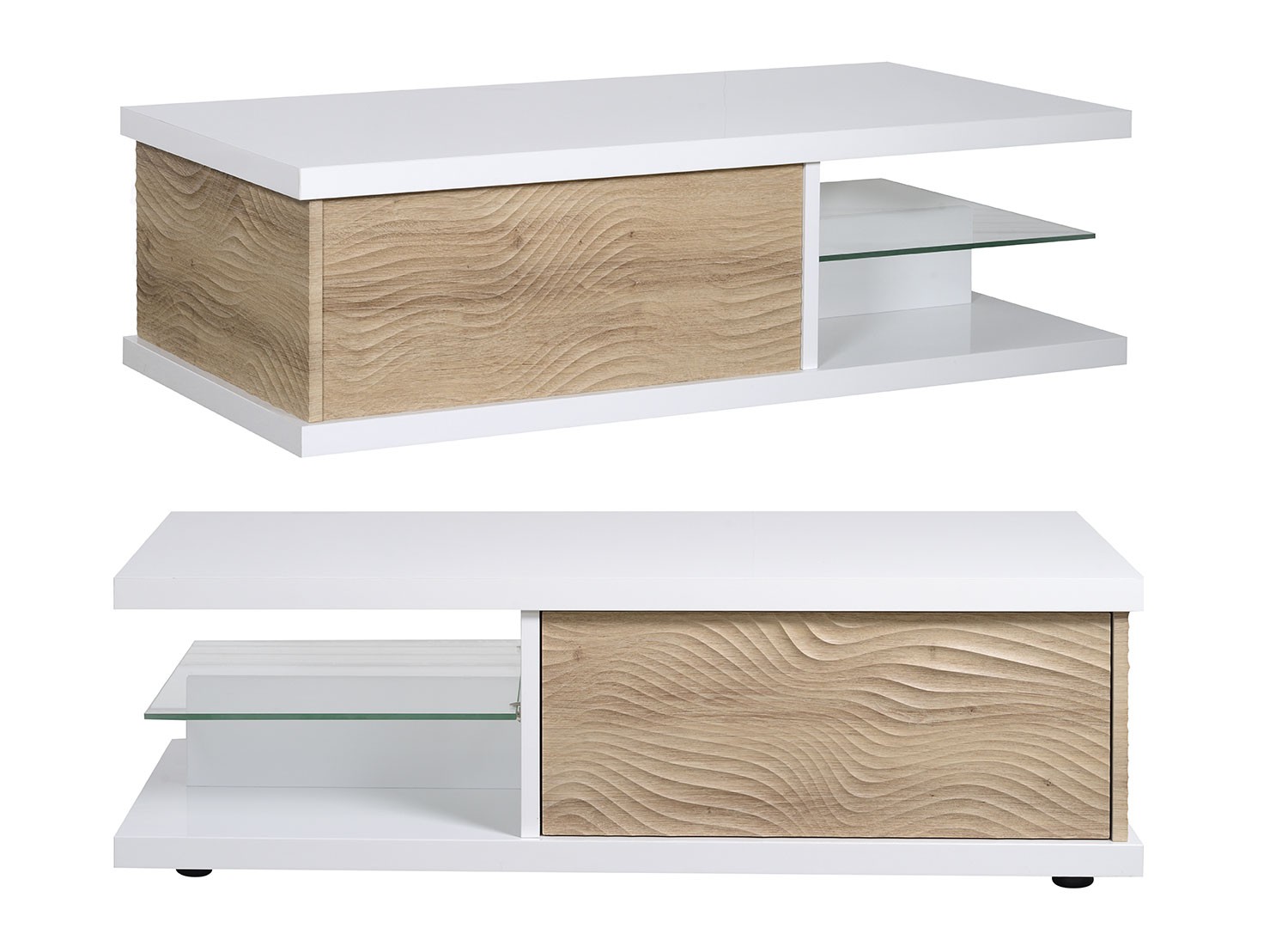 Table basse rectangulaire rangement bois et blanc laqué