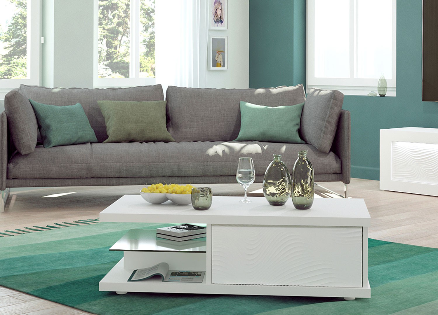 Table basse rectangulaire rangement laqué blanc