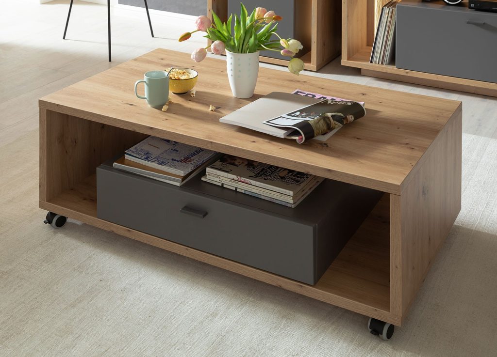 Table basse rectangulaire sur roulettes avec rangement