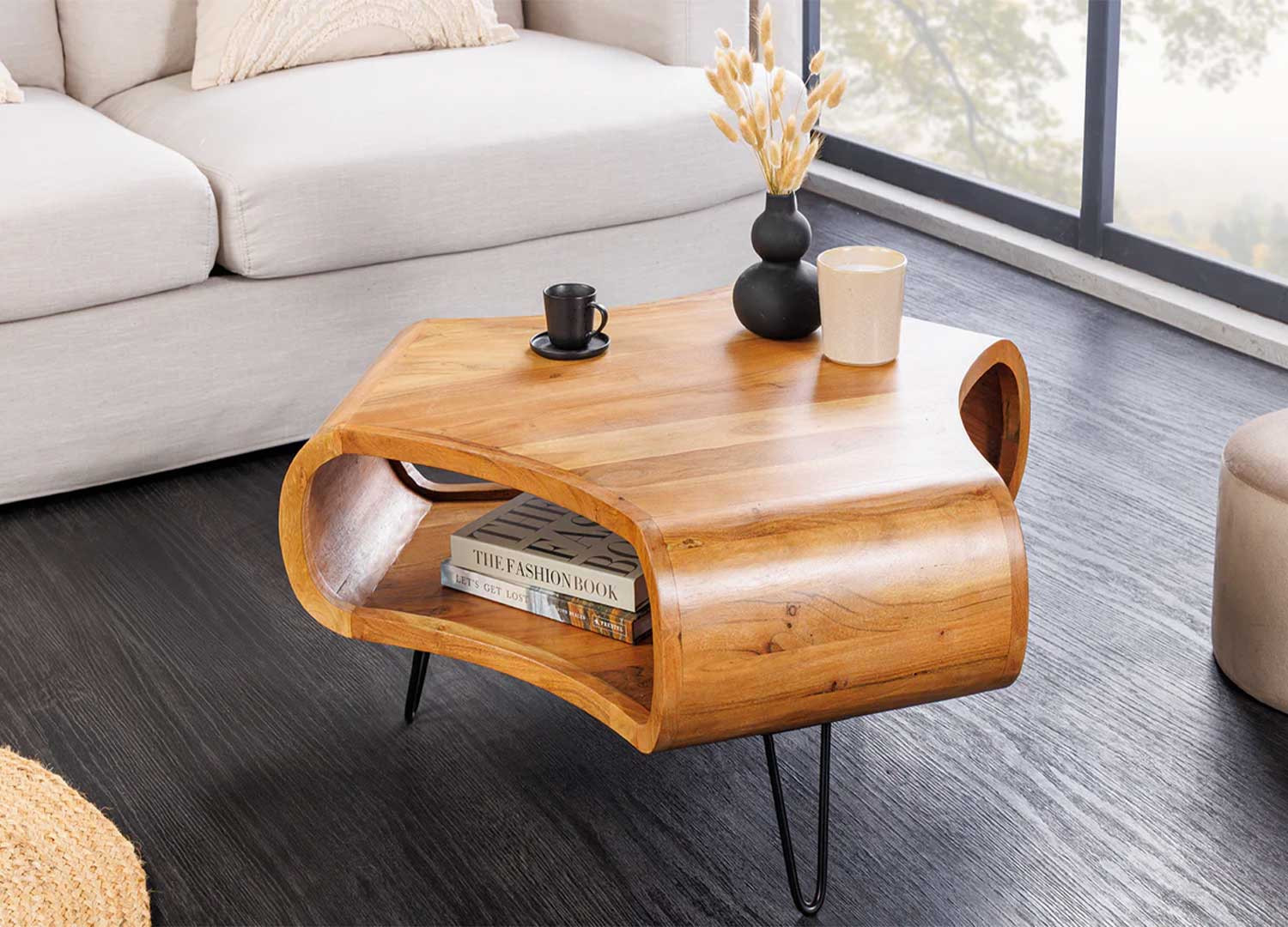 Table basse rétro en acacia finition miel Nivor