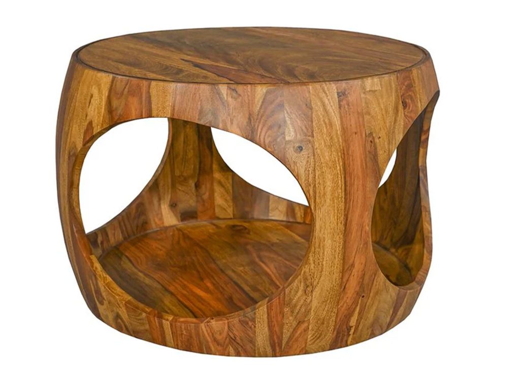 Table basse ronde Orlina 60 cm entièrement en sheesham massif sur fond blanc
