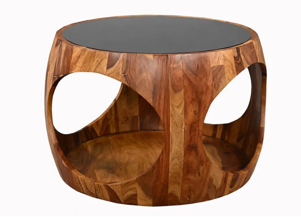 Table basse ronde Orlina 60 cm en sheesham et verre noir sur fond blanc