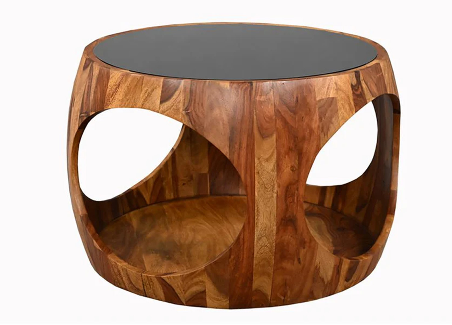 Table basse ronde Orlina 60 cm en sheesham et verre noir sur fond blanc