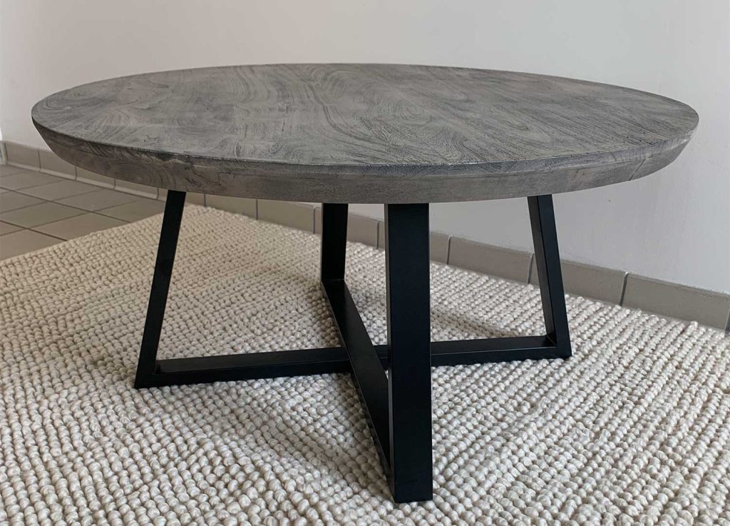 Table basse ronde acacia gris et métal noir "SECONDE VIE"