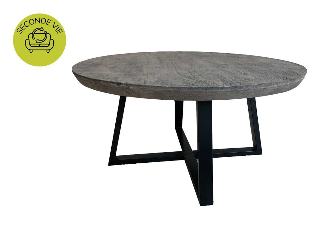 Table basse ronde acacia gris et métal noir "SECONDE VIE"