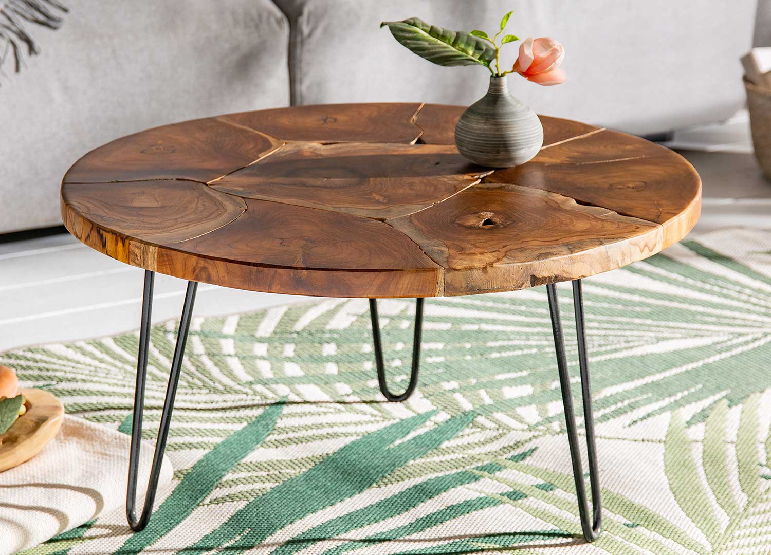 Table basse ronde bois de teck et pied épingle