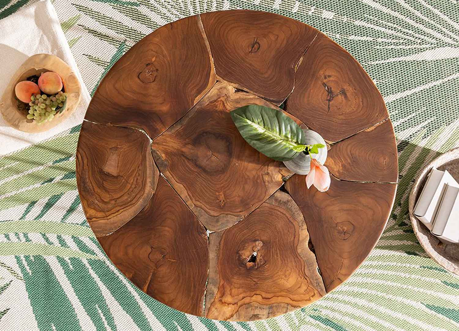 Table basse ronde bois de teck et pied épingle