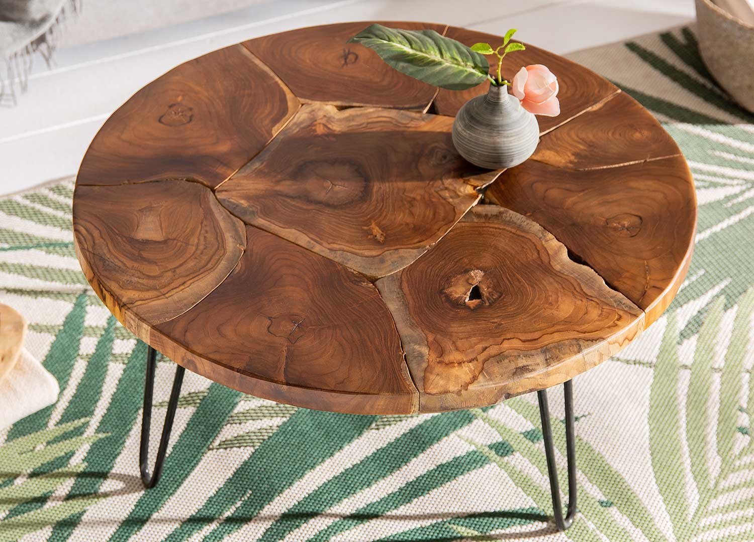 Table basse ronde bois de teck et pied épingle