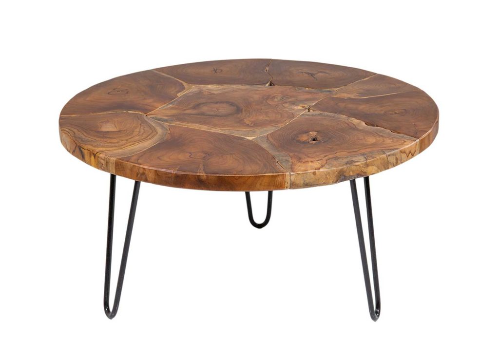 Table basse ronde bois de teck et pied épingle