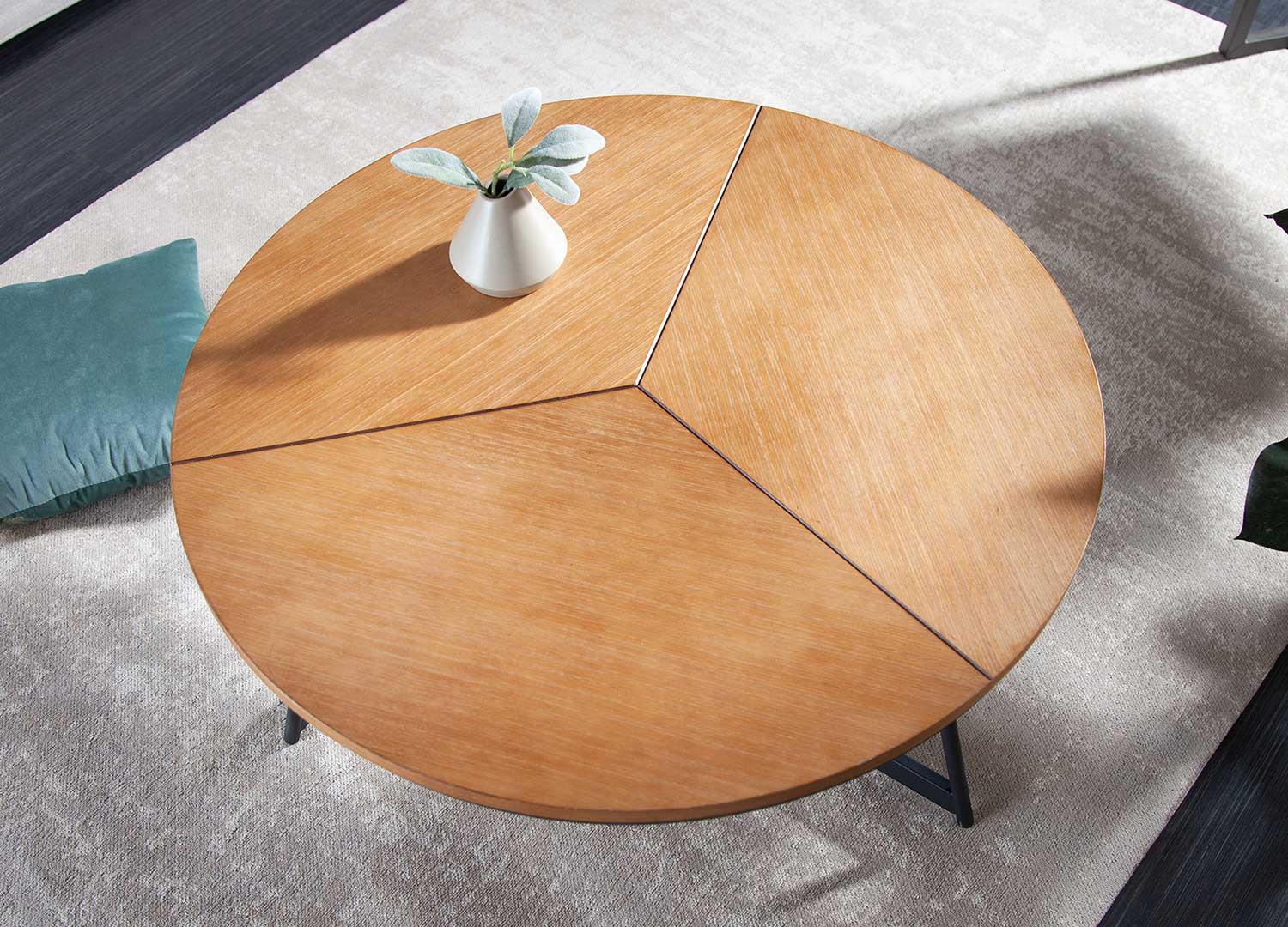 Table basse ronde chêne naturel et pied métal noir