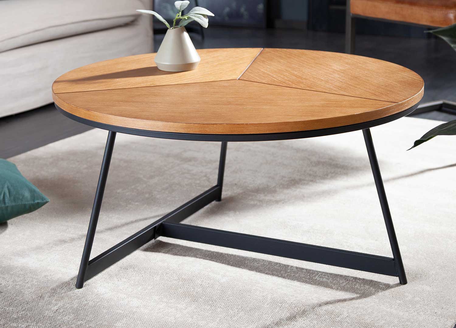Table basse ronde chêne naturel et pied métal noir