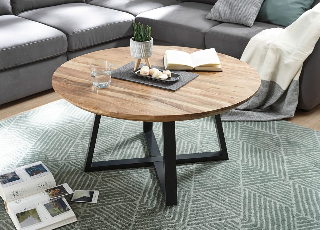 Table basse ronde en bois massif d'acacia et piétement métal noir