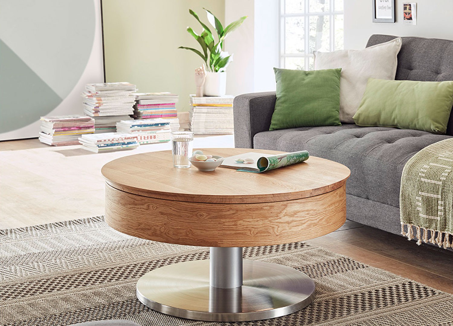 Table basse ronde modulable bois et inox brossé
