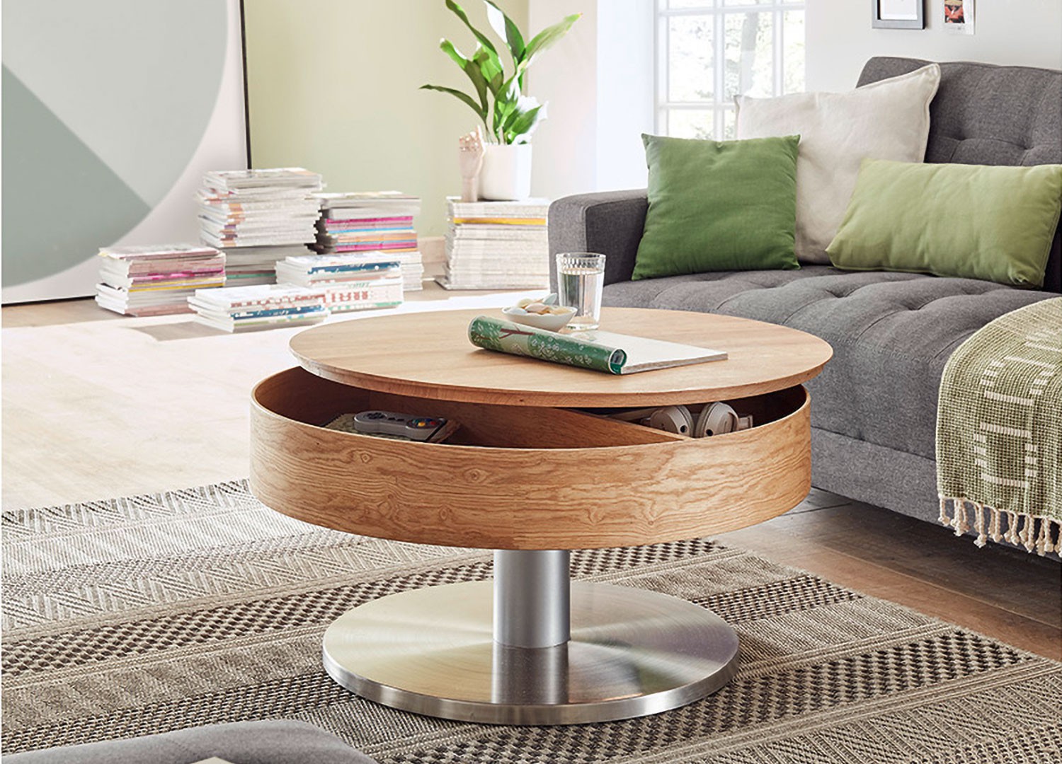 Table basse ronde modulable bois et inox brossé