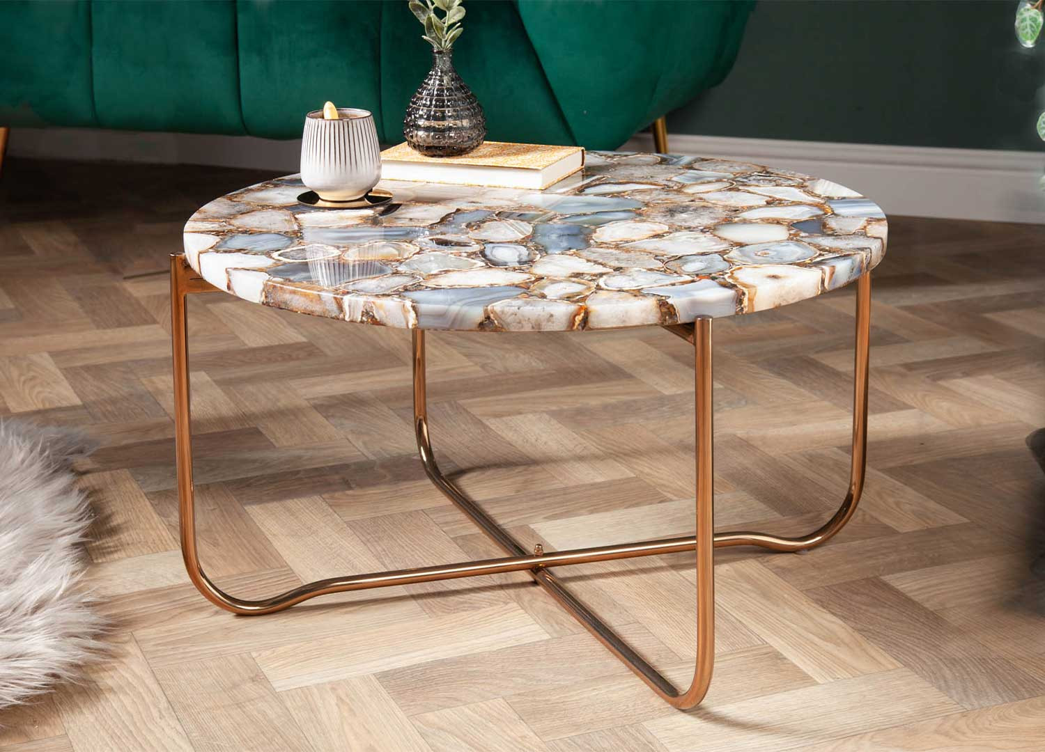 Table basse ronde Ø 62 cm pierre d'agate et métal