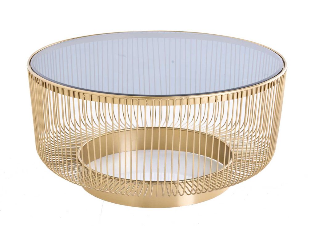 Table basse ronde verre noir et métal doré