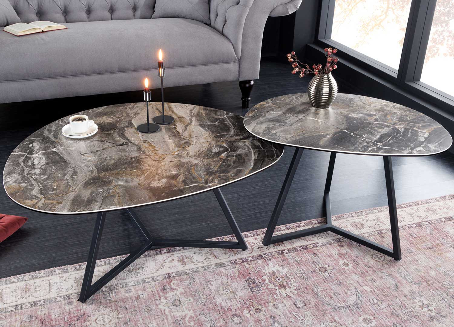 Table basse salon 70 cm forme galet céramique taupe