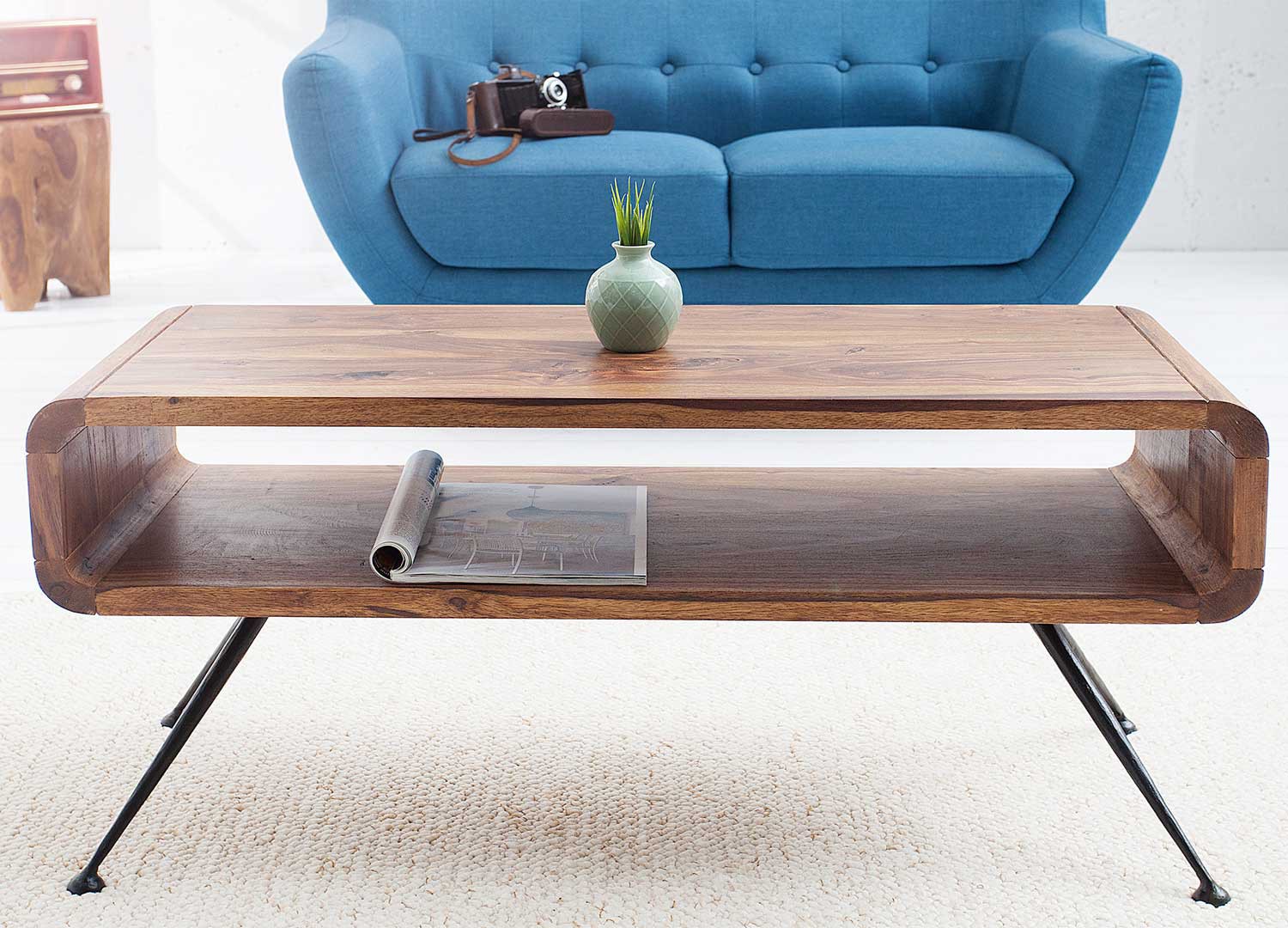 Table basse style rétro bois massif sesham 100 cm