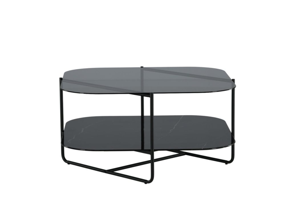 Table basse carrée Un-line verre fumé noir 85 cm sur fond blanc