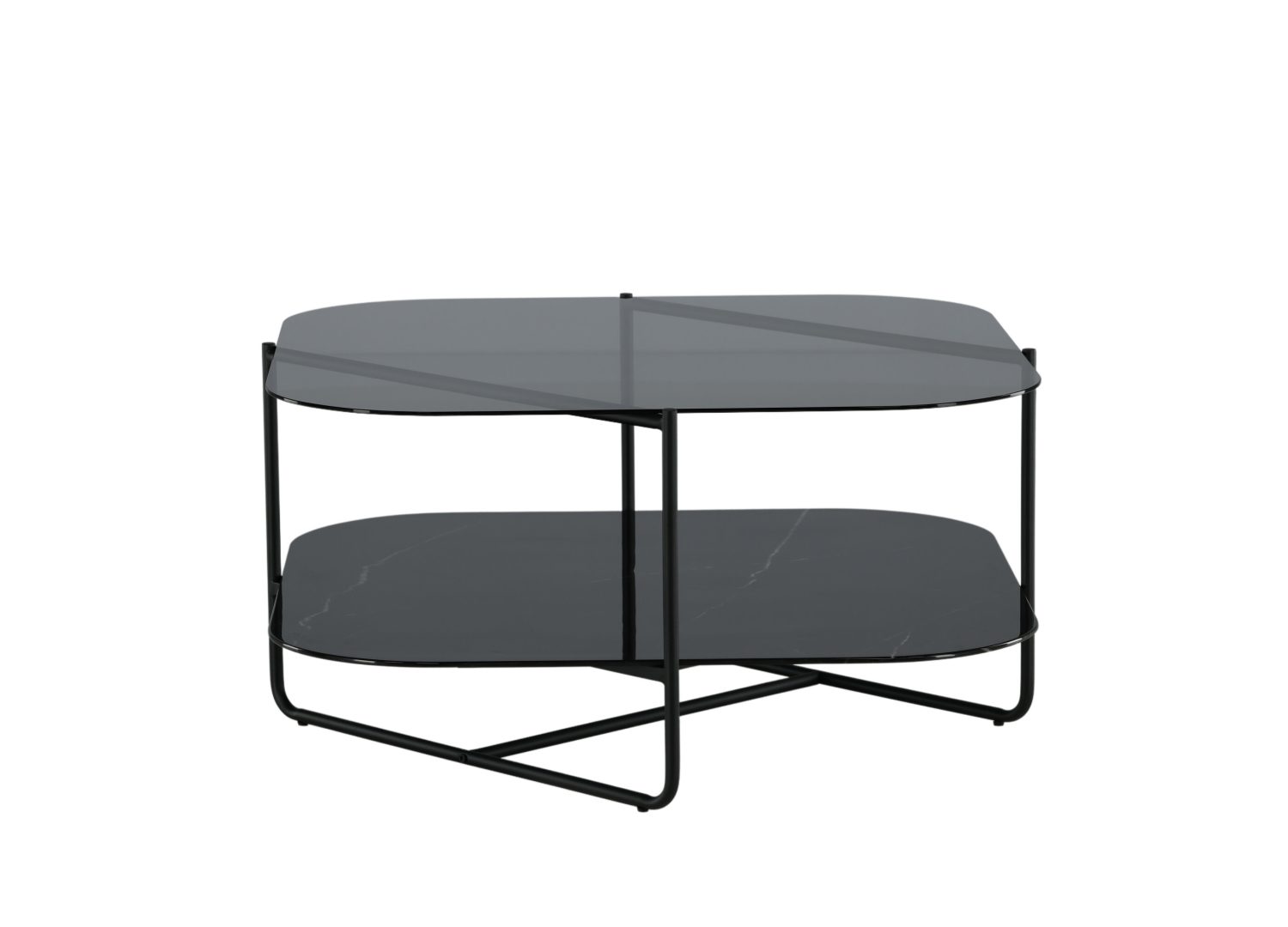 Table basse carrée Un-line verre fumé noir 85 cm sur fond blanc