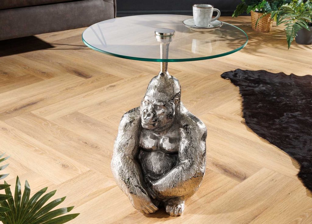 Table d'appoint ronde 45 cm gorille argenté et plateau en verre