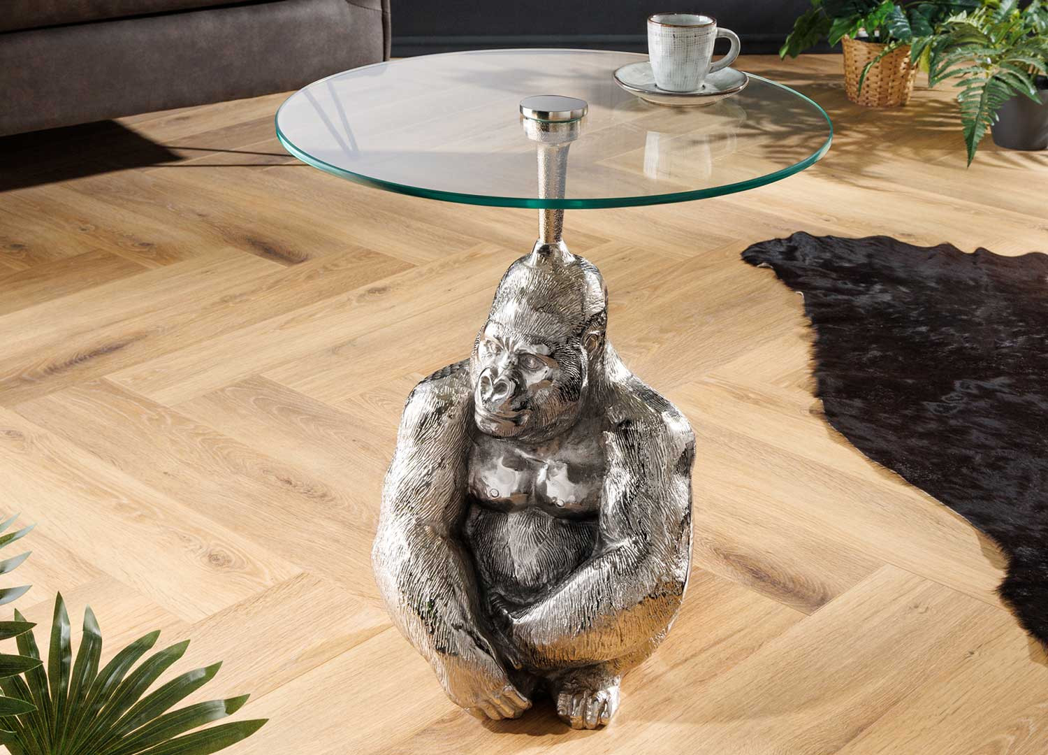 Table d'appoint ronde 45 cm gorille argenté et plateau en verre