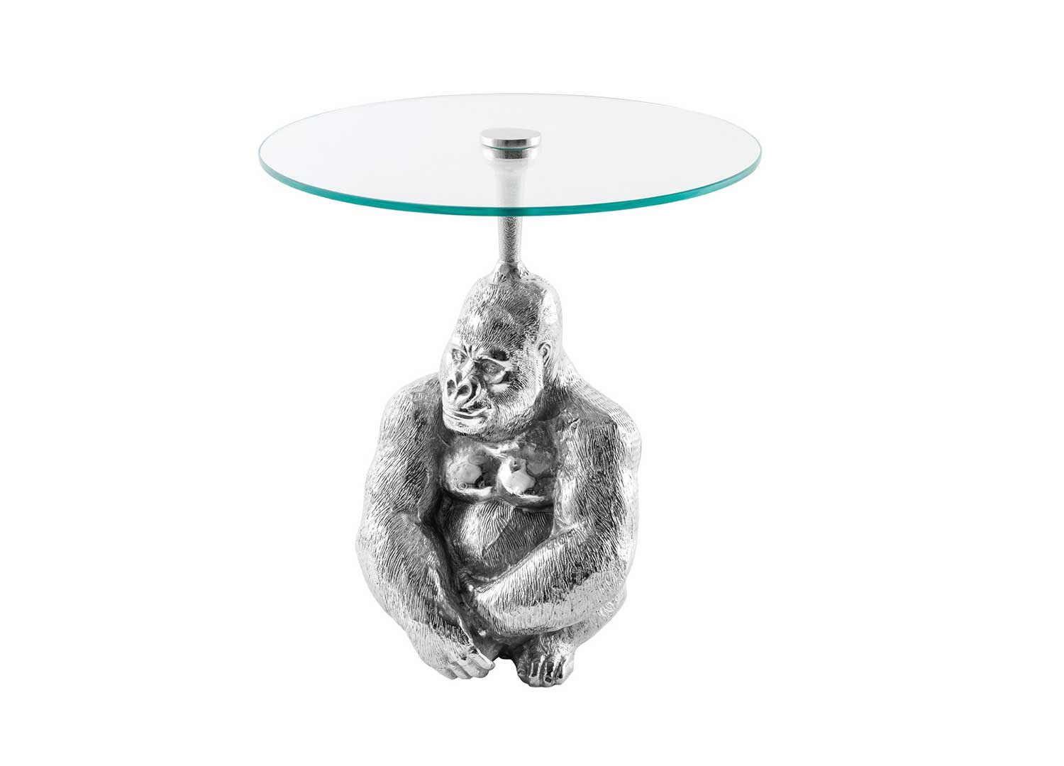 Table d'appoint ronde 45 cm gorille argenté et plateau en verre