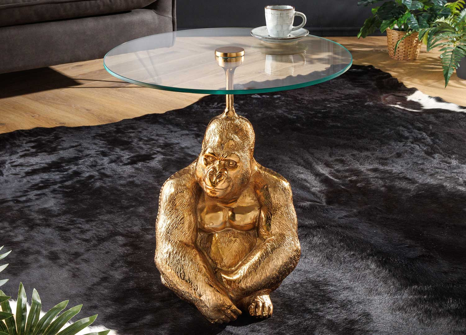 Table d'appoint ronde 45 cm gorille doré et plateau en verre