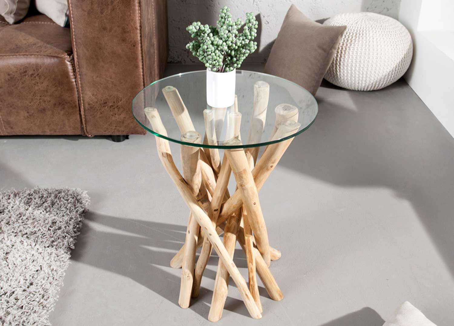 Table d'appoint ronde en verre et bois flotté